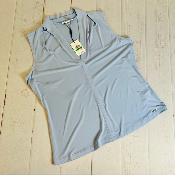 Calvin Klein Matte Jersey V-Neck Shoulder Pleat Sleeveless Top Large Baby Blue - Picture 7 of 10